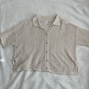 Cream Crochet Short Sleeve Button Up